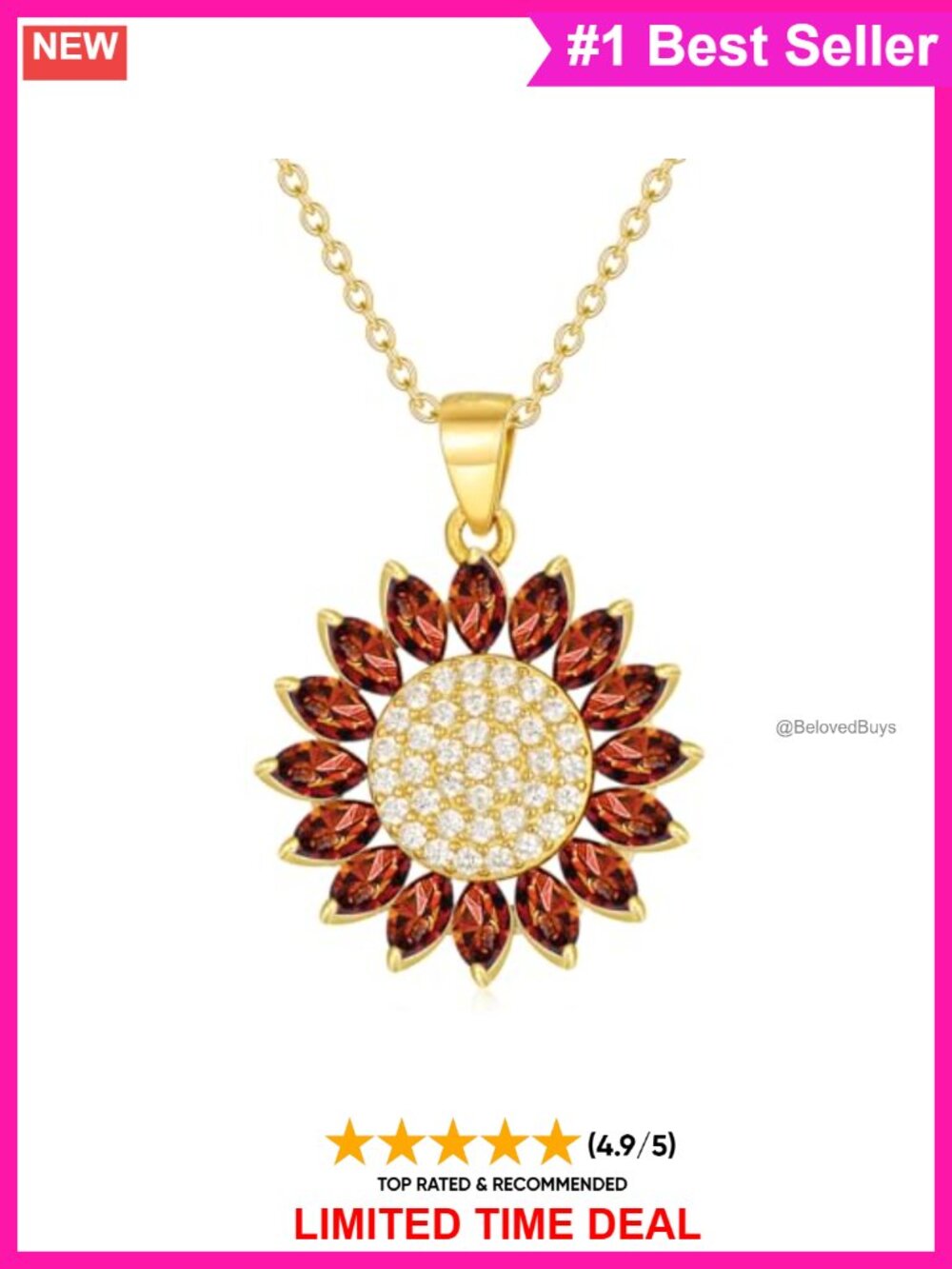 18K Gold Plated Sunflower Pendant Necklace Natural White Topaz